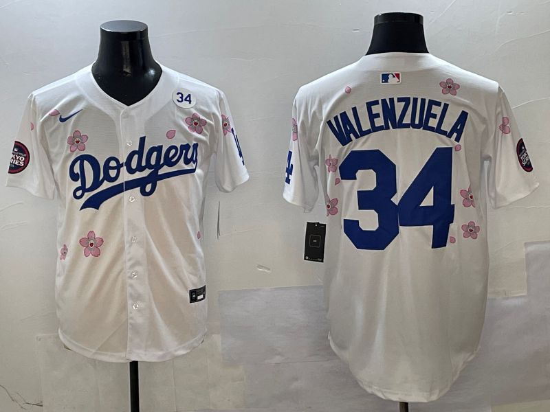 Men Los Angeles Dodgers 34 Valenzuela White Sakura Edition 2025 Nike MLB Jersey style 8